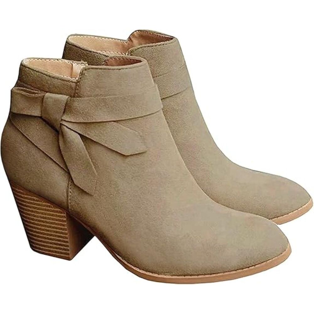 Women's Khaki Closed Toe Stacked Heel Tie Knot Side ZIP Chelsea Pump Ankle Boots